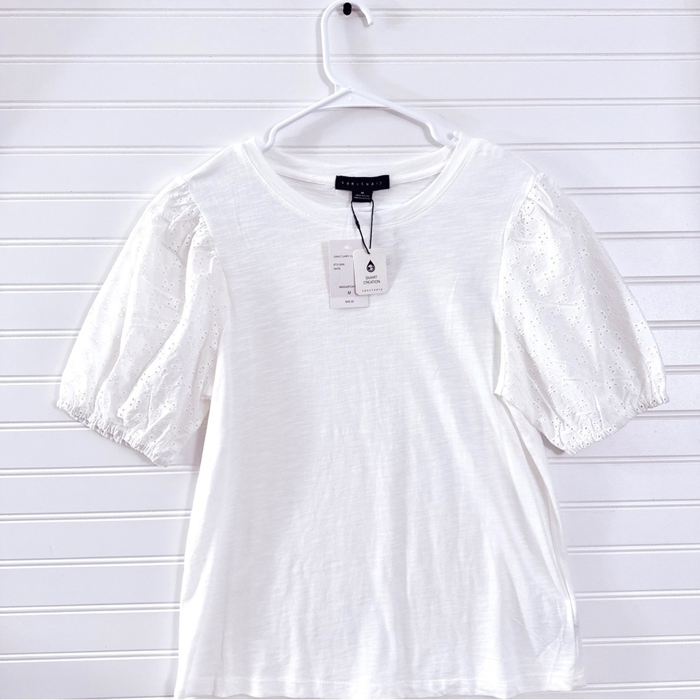 Sanctuary Cloud Control Eyelet Puff Sleeve Top In White NWT